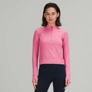 Lululemon Rest Less Cropped Half-Zip Long Sleeve in Grid Warp Pink Blossom